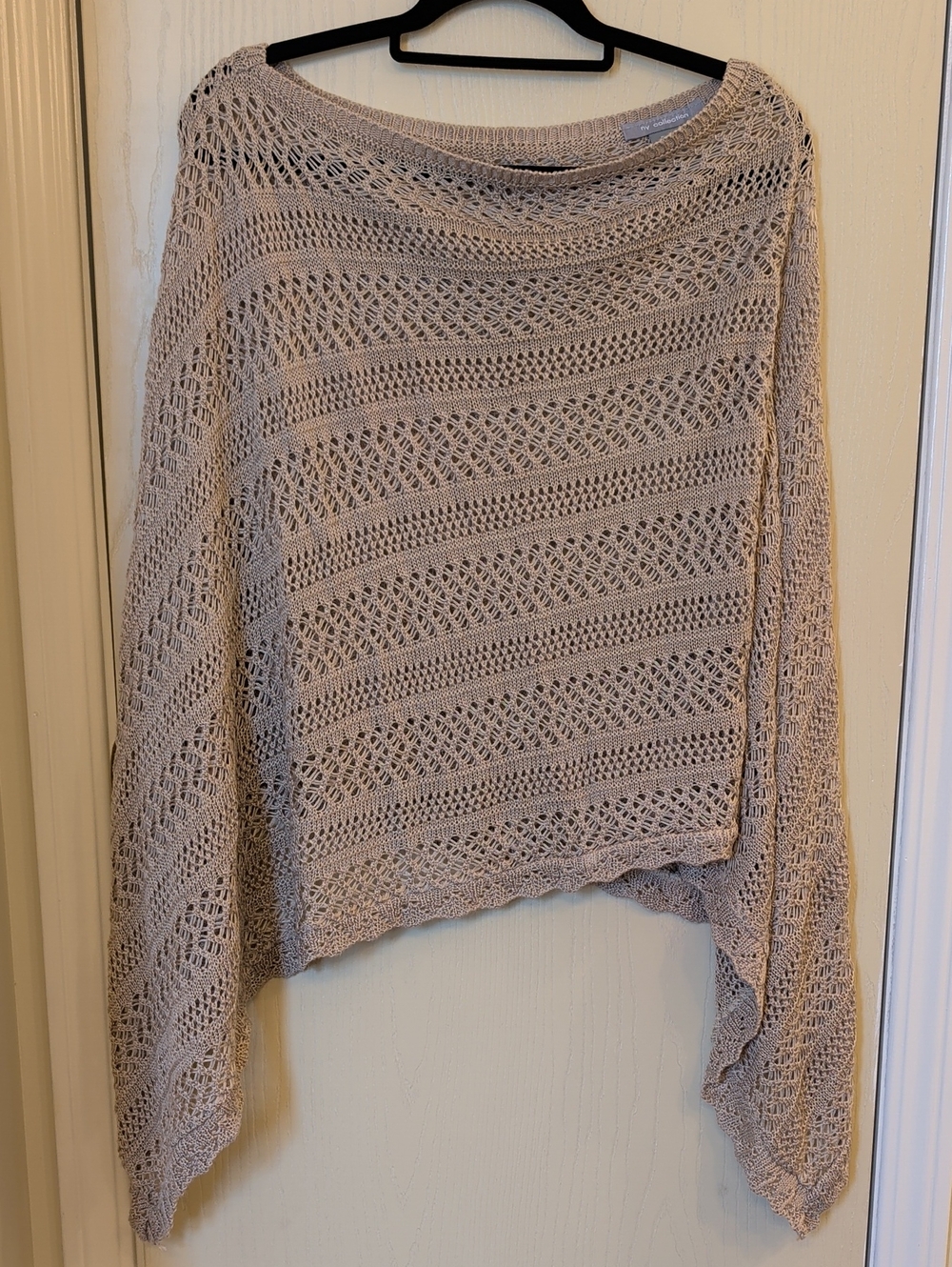 NY Collection Light Taupe Open-Knit Sweater Poncho | Women's L/XL